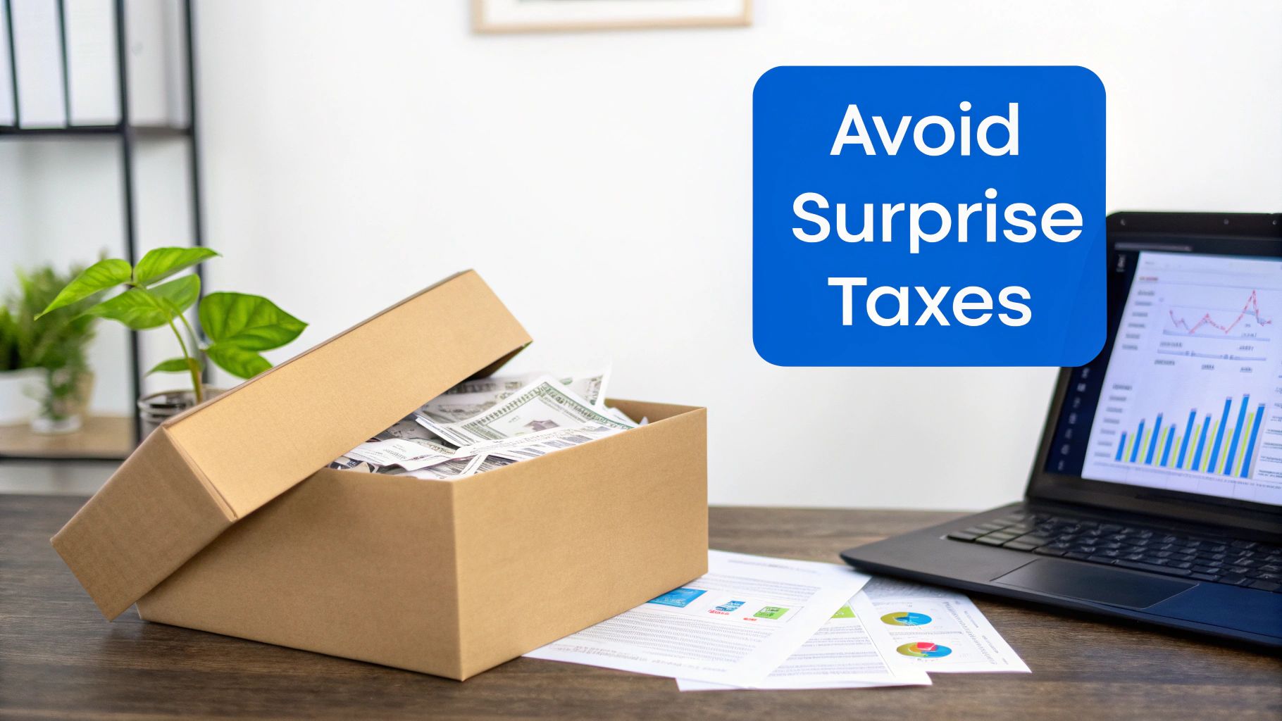 A person sitting at a desk with a laptop, calculator, and neatly organized financial documents, looking focused and in control.