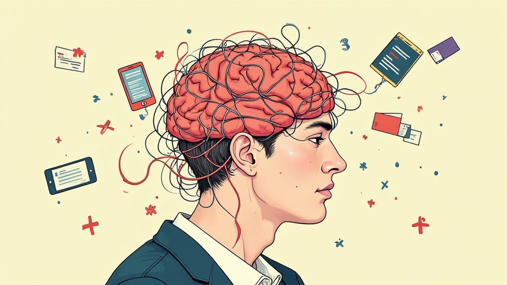 A person at a desk looking overwhelmed by notifications and tasks.