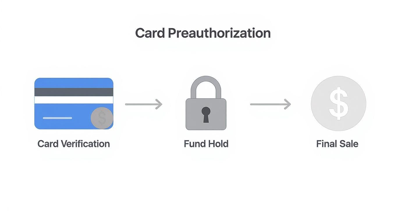 Diagram illustrating credit card preauthorization: Card Verification leads to Fund Hold, then to Final Sale.