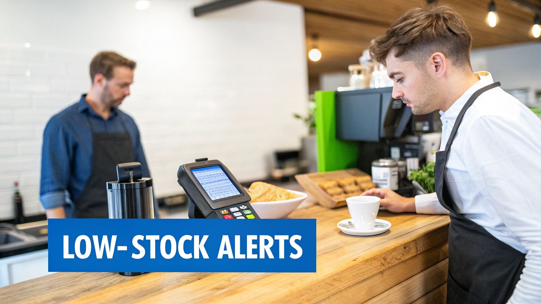 Cafe employees manage inventory on a POS system displaying low-stock alerts at a counter.