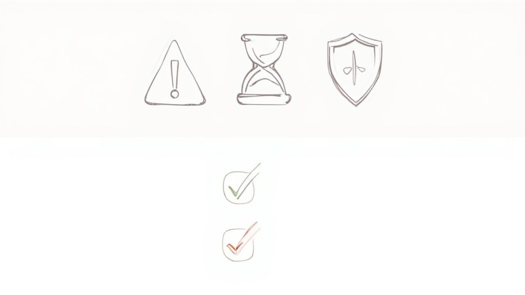Project management icons showing warning triangle, hourglass timer, security shield, and completion checkmarks
