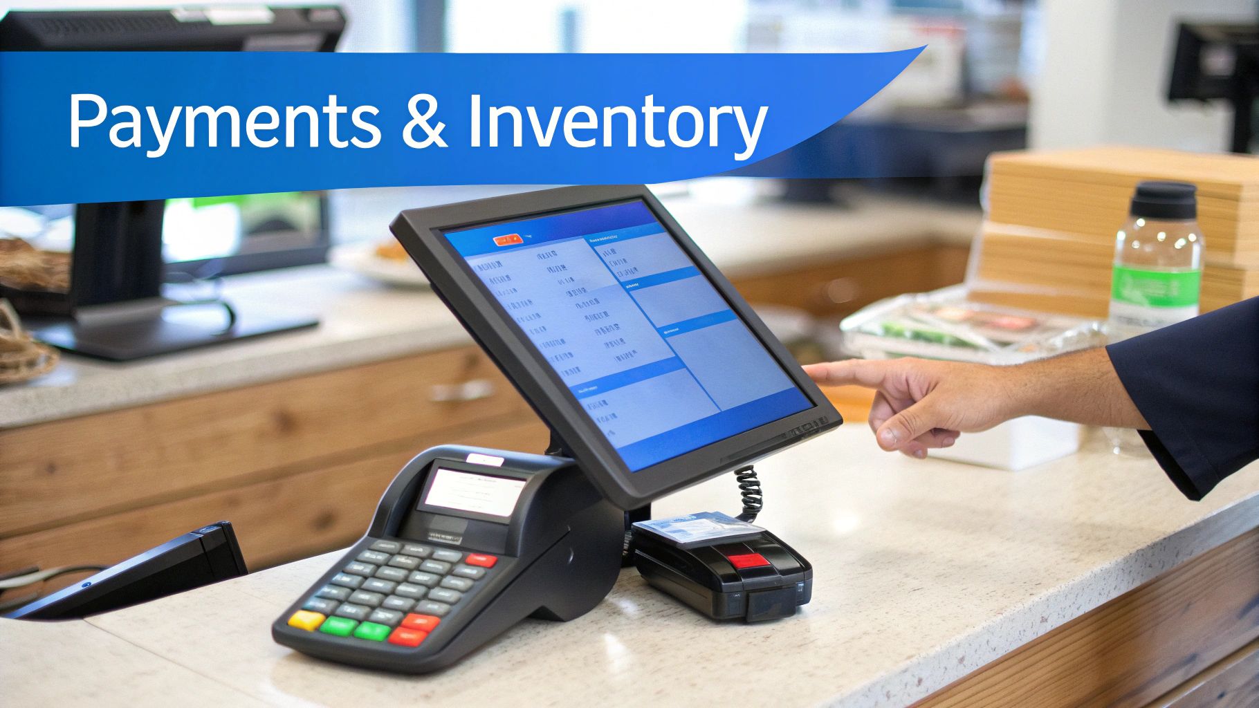 A person's hand uses a touchscreen POS system with a payment terminal at a retail counter.