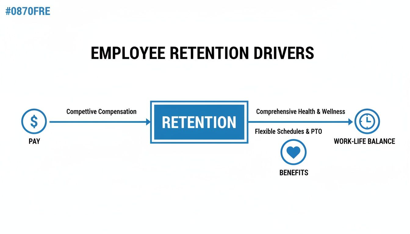 A diagram illustrating key employee retention drivers: competitive compensation, benefits, and work-life balance.
