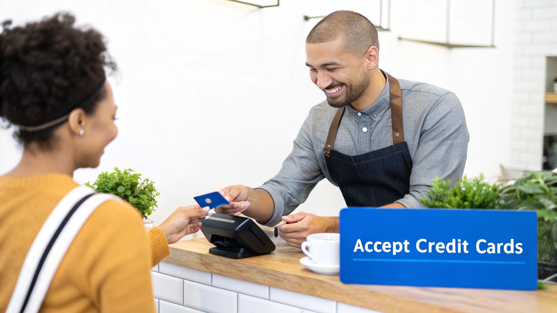 A smiling barista helps a customer pay with a credit card at a coffee shop counter.