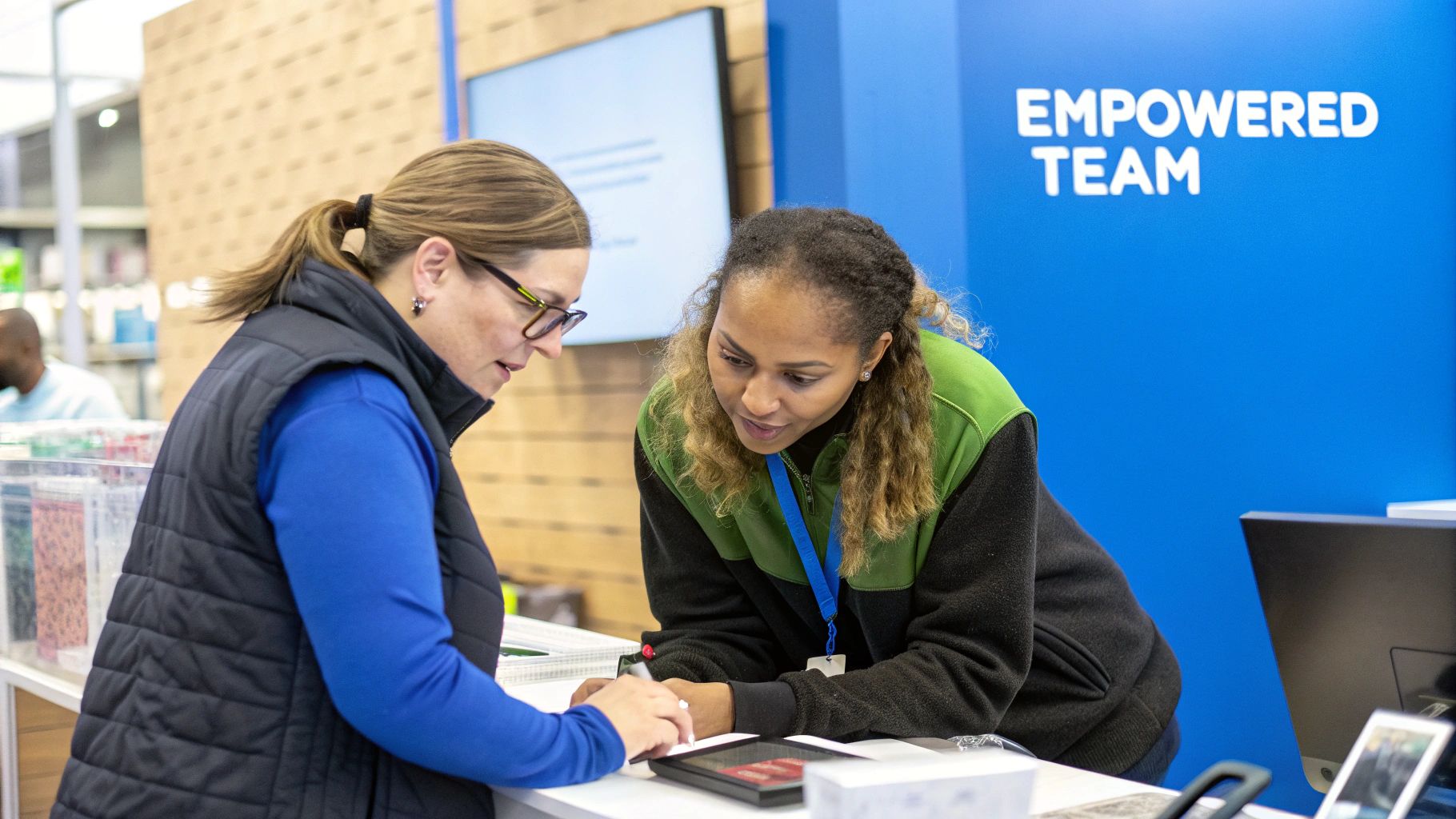 A team of smiling employees collaborating in a bright, modern office, looking empowered and engaged.