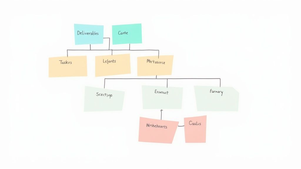 A colorful, hand-drawn project management or workflow diagram with multiple interconnected steps and tasks.