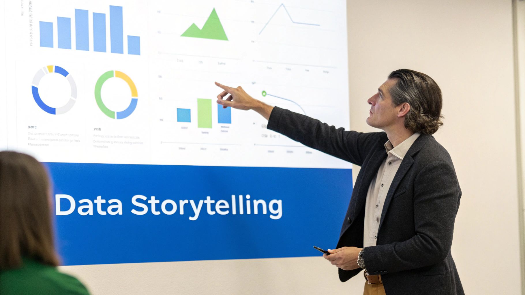 A person presenting a dashboard with charts and graphs to a team