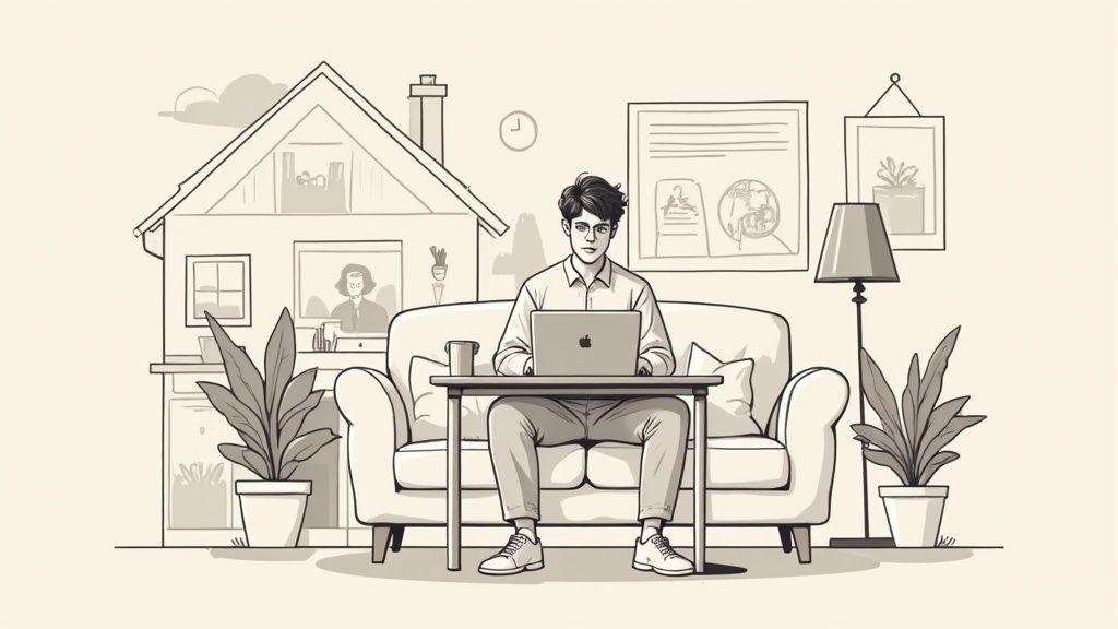 A person working comfortably from their home office, looking thoughtful