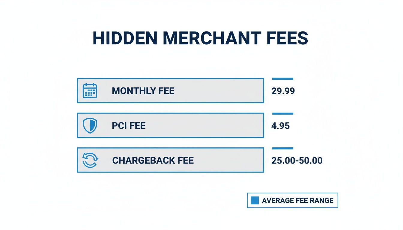 An infographic detailing hidden merchant fees like monthly, PCI, and chargeback, with their average ranges.