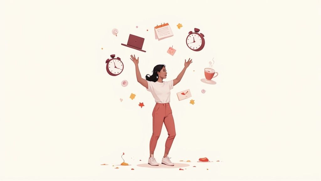 Woman juggling multiple tasks including clocks, calendar, coffee cup, and documents representing productivity