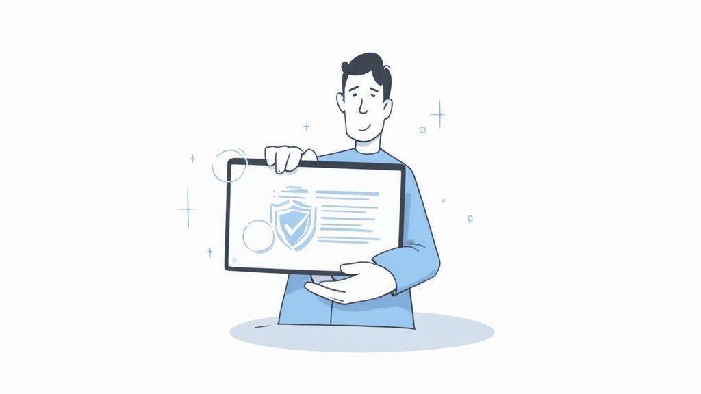 A balanced scale with a person on one side and a shield on the other, symbolizing the balance between productivity and privacy.