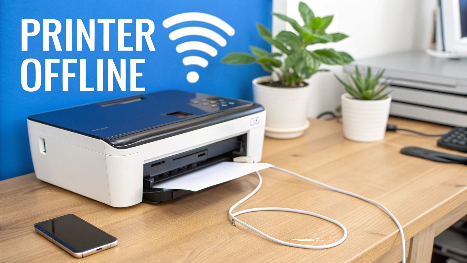A printer on a wooden desk with paper, a cable, and a smartphone. Text on the blue wall says 'PRINTER OFFLINE'.