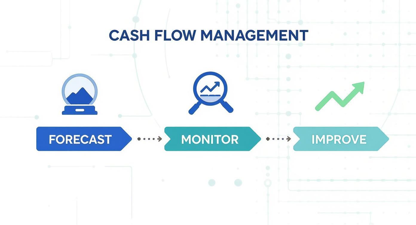Infographic detailing the cash flow management cycle of forecasting, monitoring, and improving financial health.