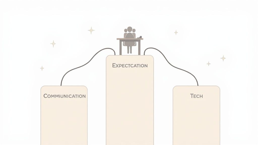 Conceptual diagram showing communication and tech pillars connected to a central expectation pillar with a team.