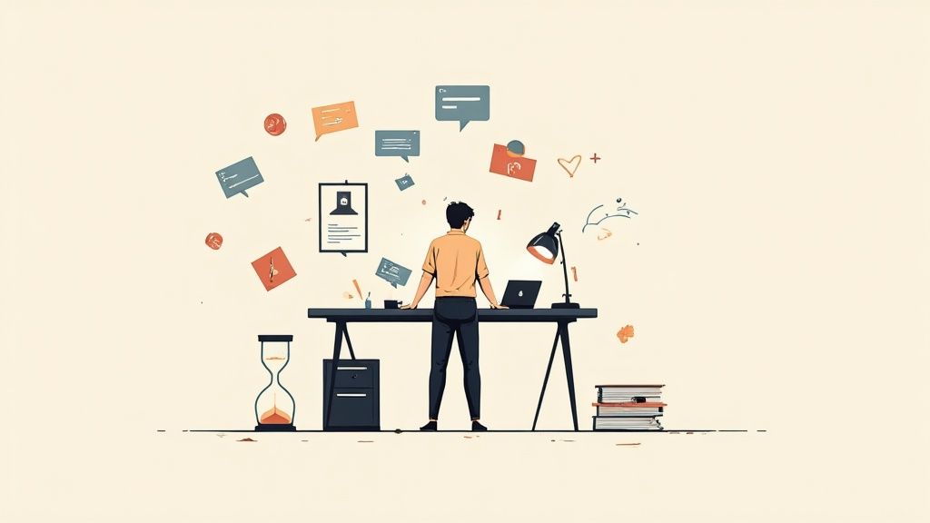 Illustration of a person at a desk with floating work-related icons, symbolizing focus and task management.