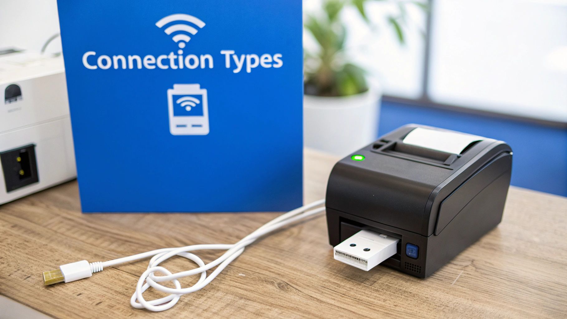 A black thermal printer on a wooden desk with a USB cable and a white dongle, next to a "Connection Types" sign.