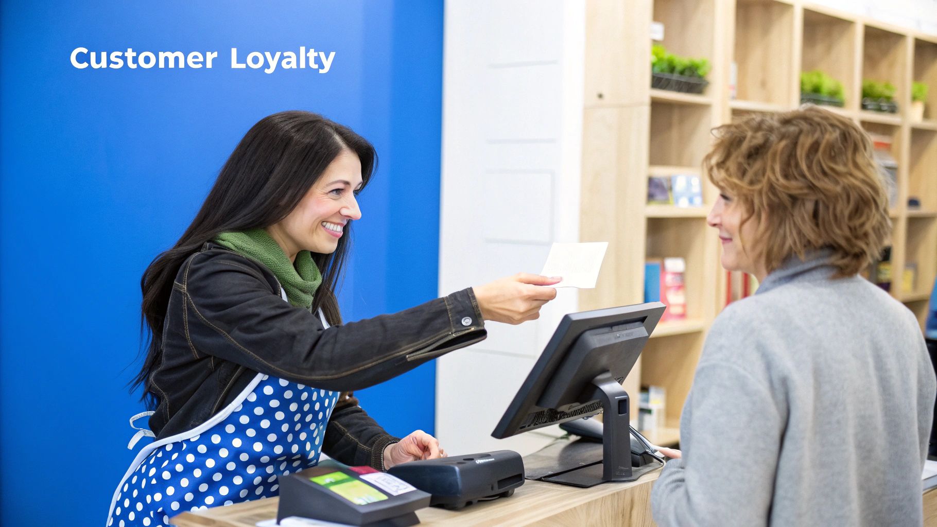 A customer smiling as they use a loyalty card at a modern POS terminal in a retail shop.