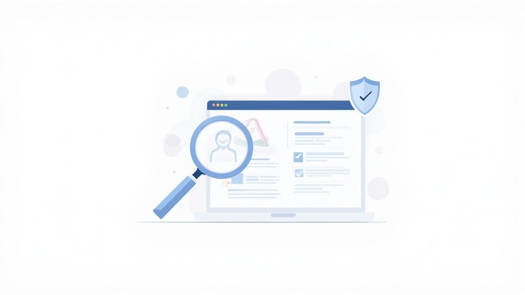 Software to monitor remote employees, showing user search and data security on a laptop.