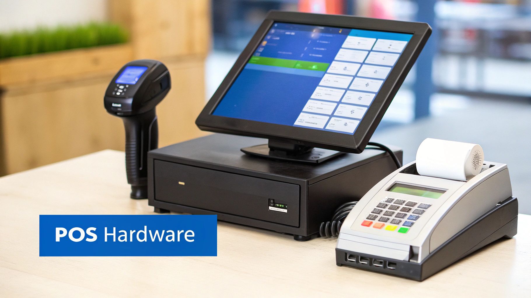 A business owner analyzing sales data on a tablet, with growth charts in the background.