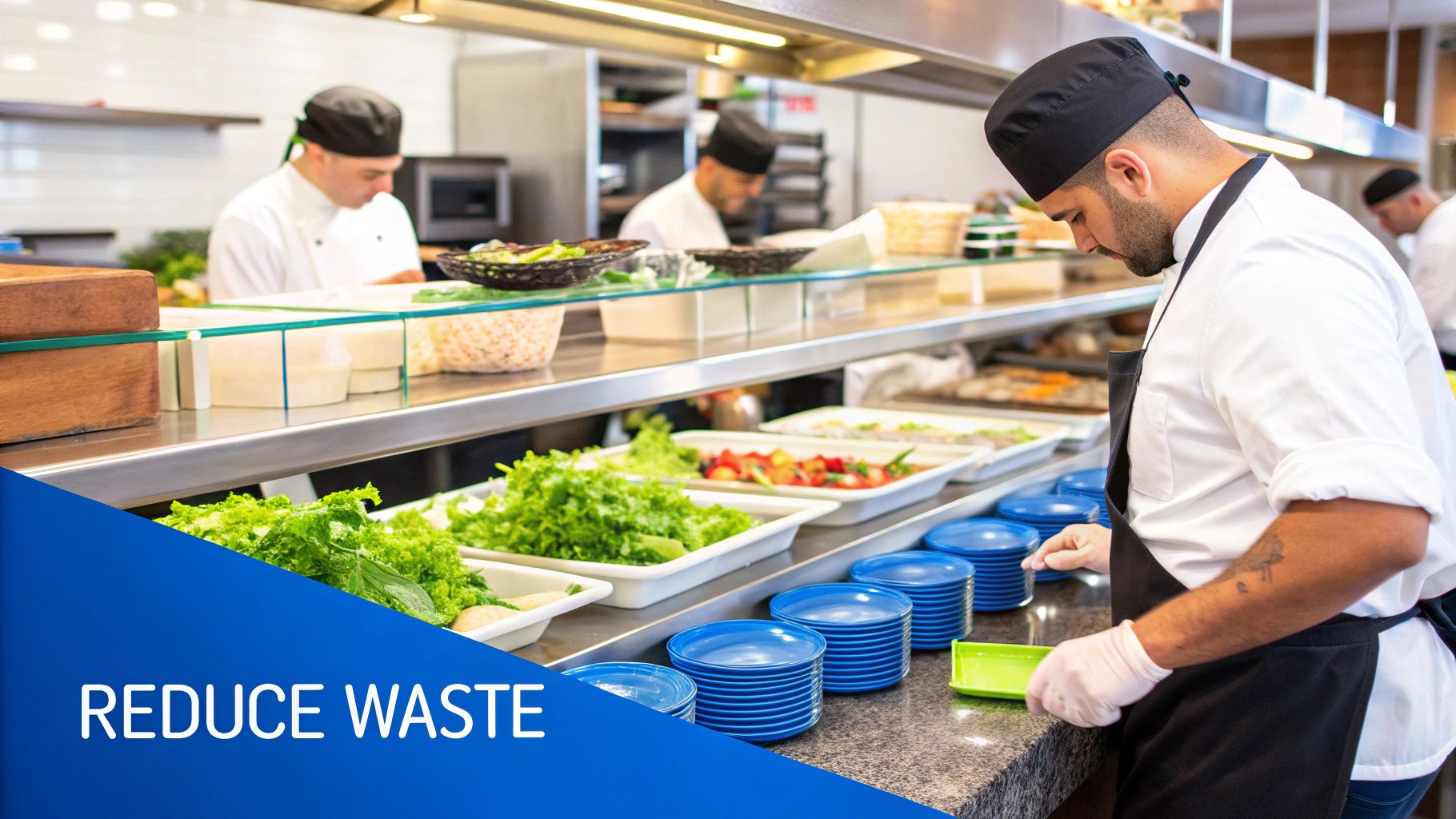 A chef meticulously organizes ingredients on a stainless steel shelf in a restaurant kitchen, demonstrating effective food inventory management.