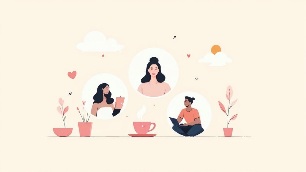 Illustration of three diverse individuals in virtual circles, with a steaming coffee cup and plants, symbolizing remote connection.