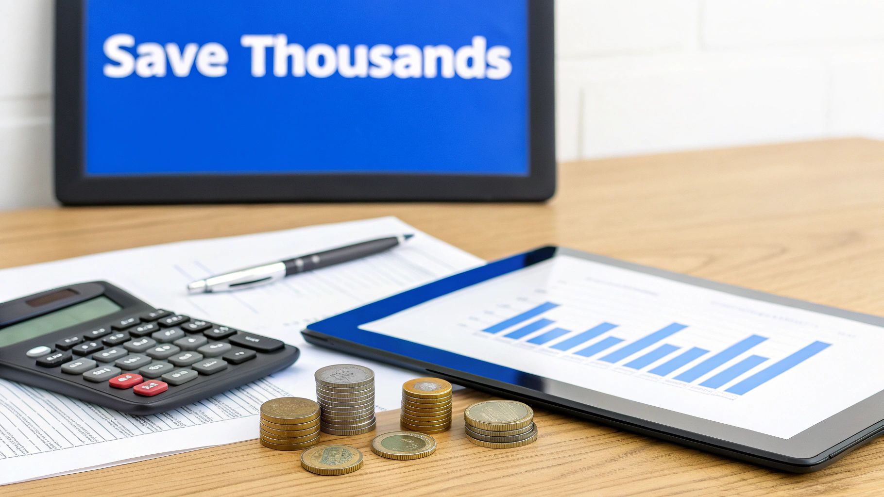 A desk with financial tools: a calculator, stacked coins, papers, and tablets showing 'Save Thousands' and a bar chart.