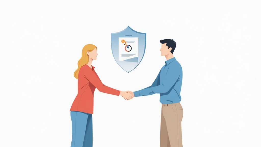 Two professionals shaking hands with shield and document icon representing secure employee agreement