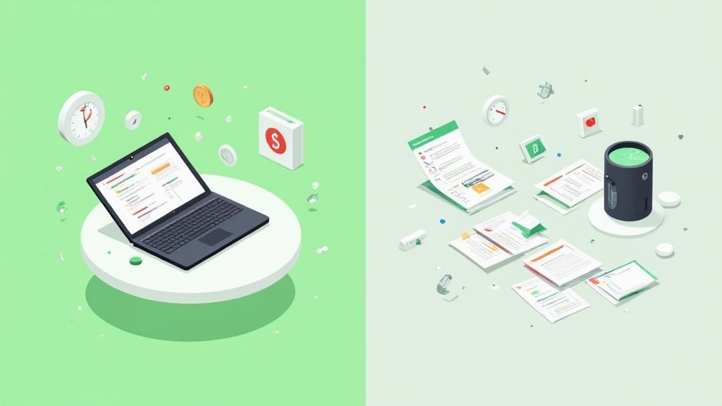Isometric illustration of a laptop, clock, and documents, symbolizing efficient time tracking and workflow for freelancers.