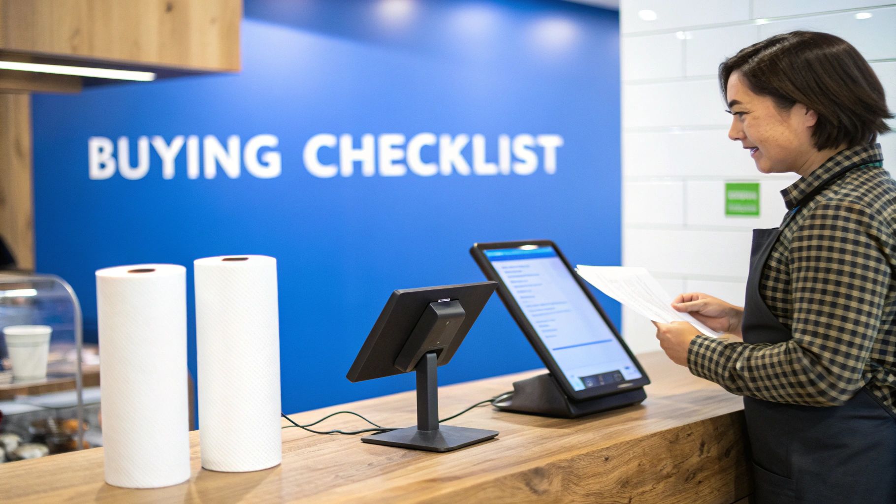 A person reviews a document at a counter with two POS tablets and a 'Buying Checklist' sign.