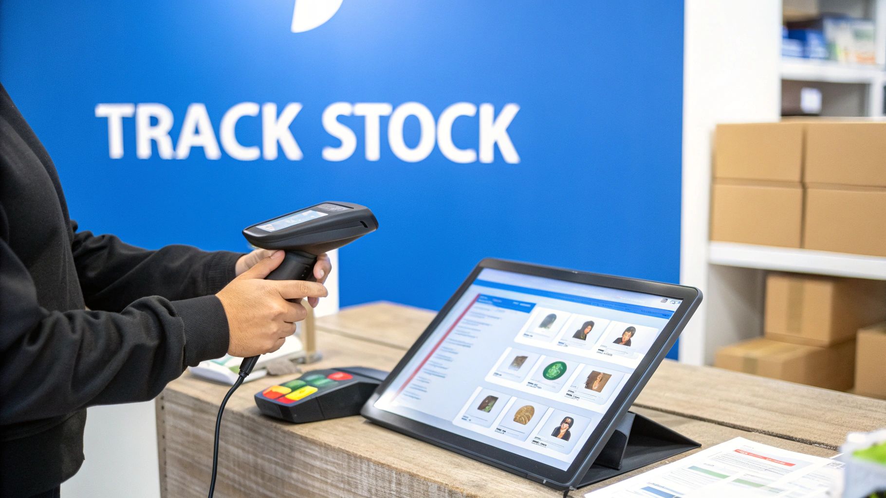 A small business owner using a Biyo POS system on a tablet to manage inventory in a retail store.