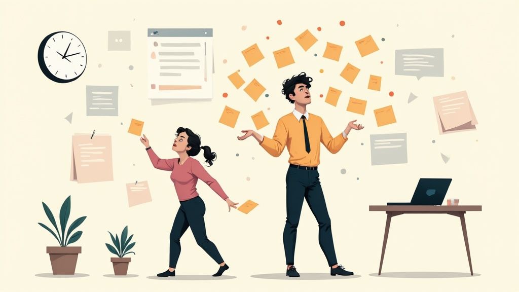 Two professionals juggling multiple tasks and documents in a busy office environment