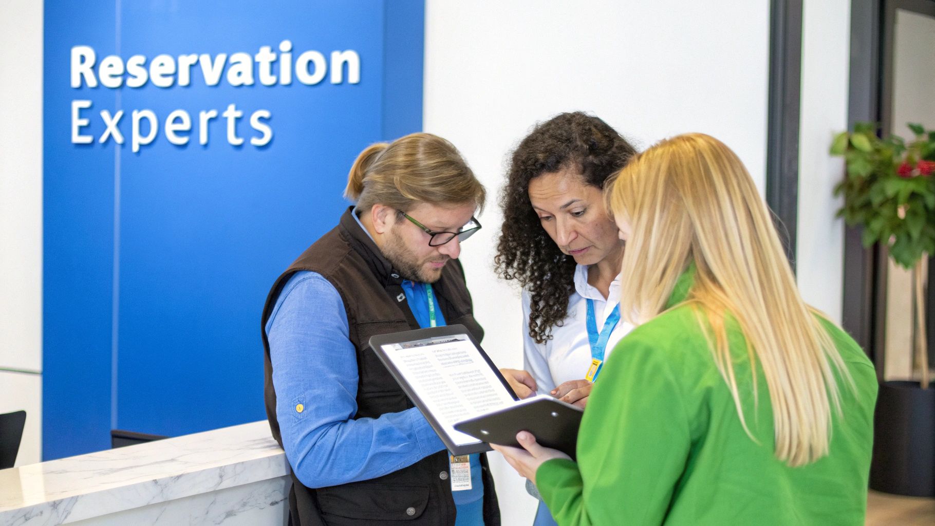 A restaurant host warmly greeting guests at the reception desk while checking a tablet for their reservation.
