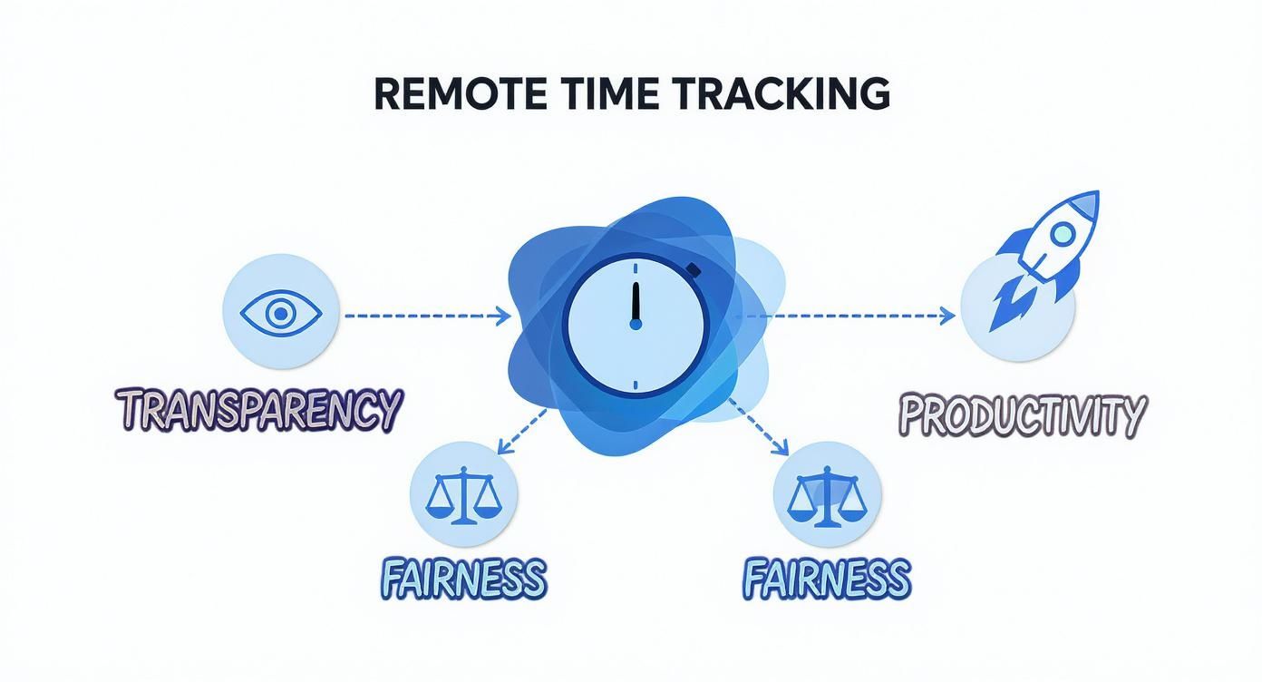 Remote time tracking system diagram showing transparency, fairness, and productivity benefits with clock icon