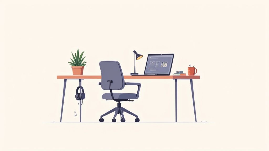 A minimalist home office desk with a laptop, plant, lamp, headphones, an office chair, and a coffee mug.