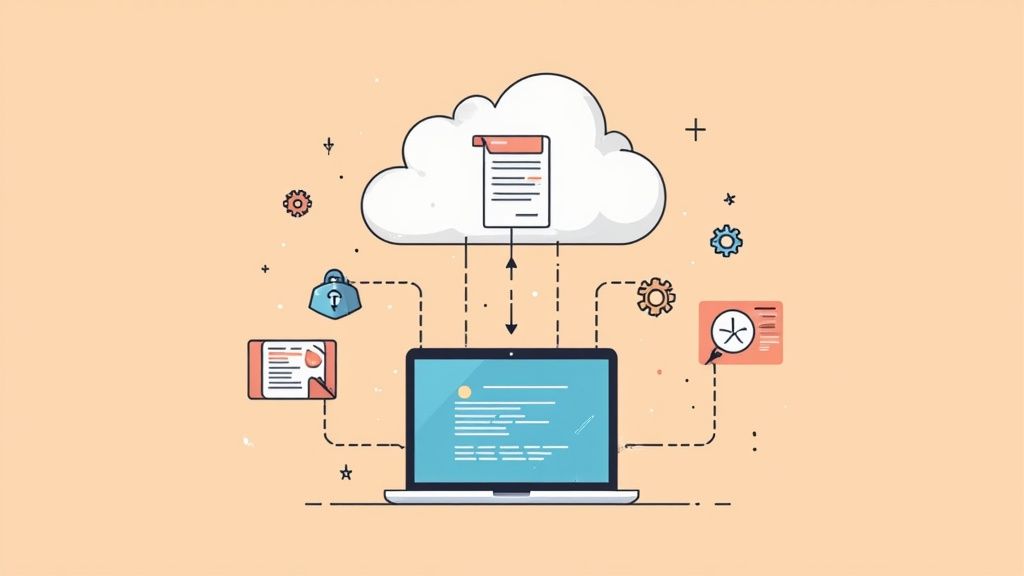 An HR manager using a tablet to review automated compliance workflows, with digital icons representing documents and tasks.