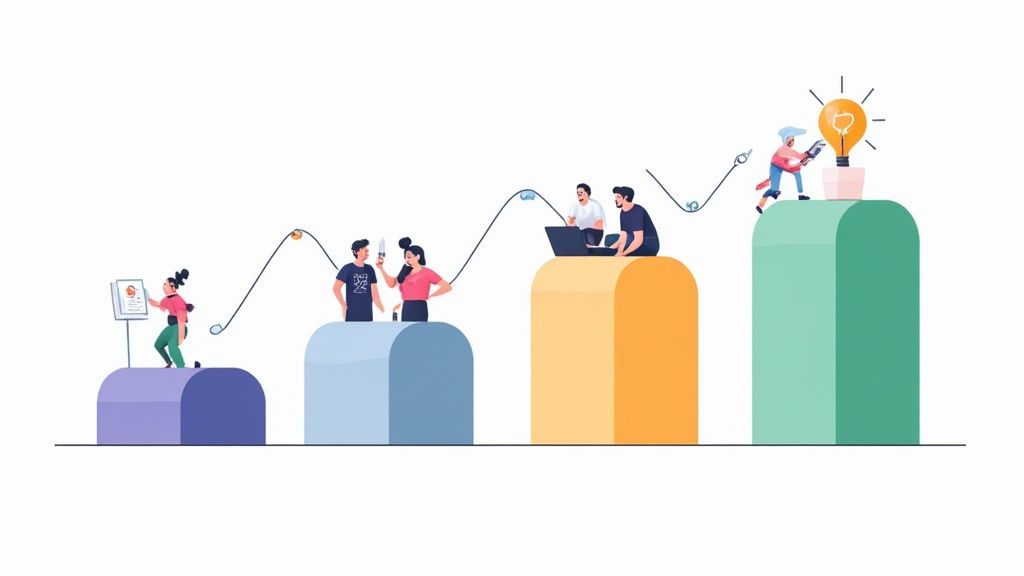A team working together around a table with laptops and a large screen, planning out a project on a digital roadmap.