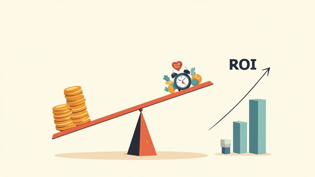 A small business owner using a calculator and looking at a tablet displaying financial charts, with a plant in the background, signifying growth and ROI.