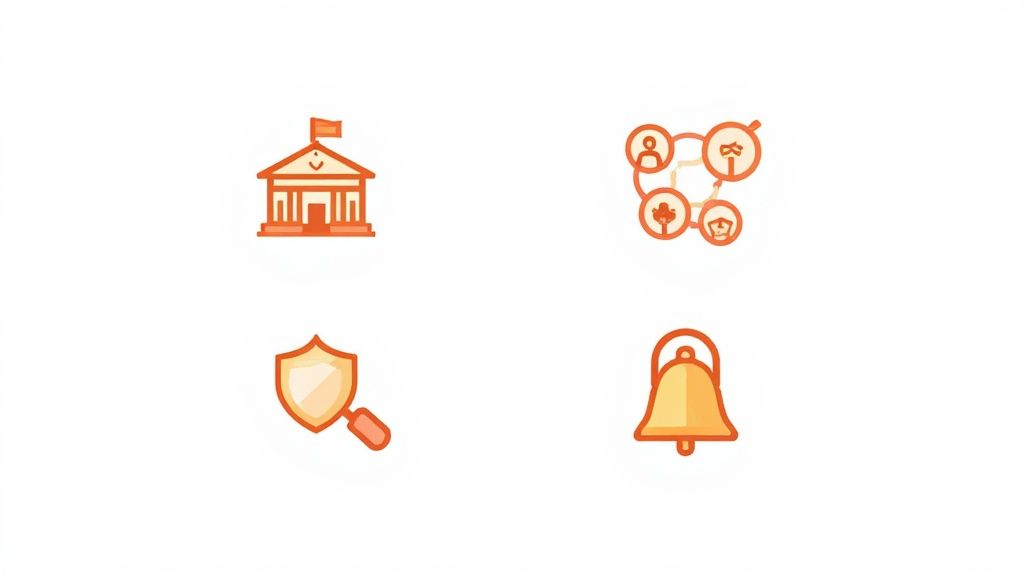 A digital interface showing connected nodes and data points, representing the features of a KYB tool.