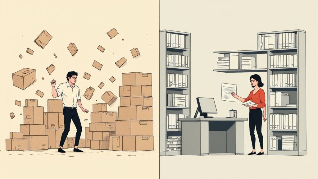 A group of diverse small business professionals collaborating around a table, looking at documents on a laptop and tablet, representing organized document management.