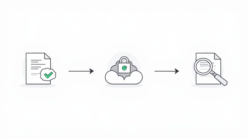 A person organizing digital files on a futuristic interface, illustrating a structured document collection workflow