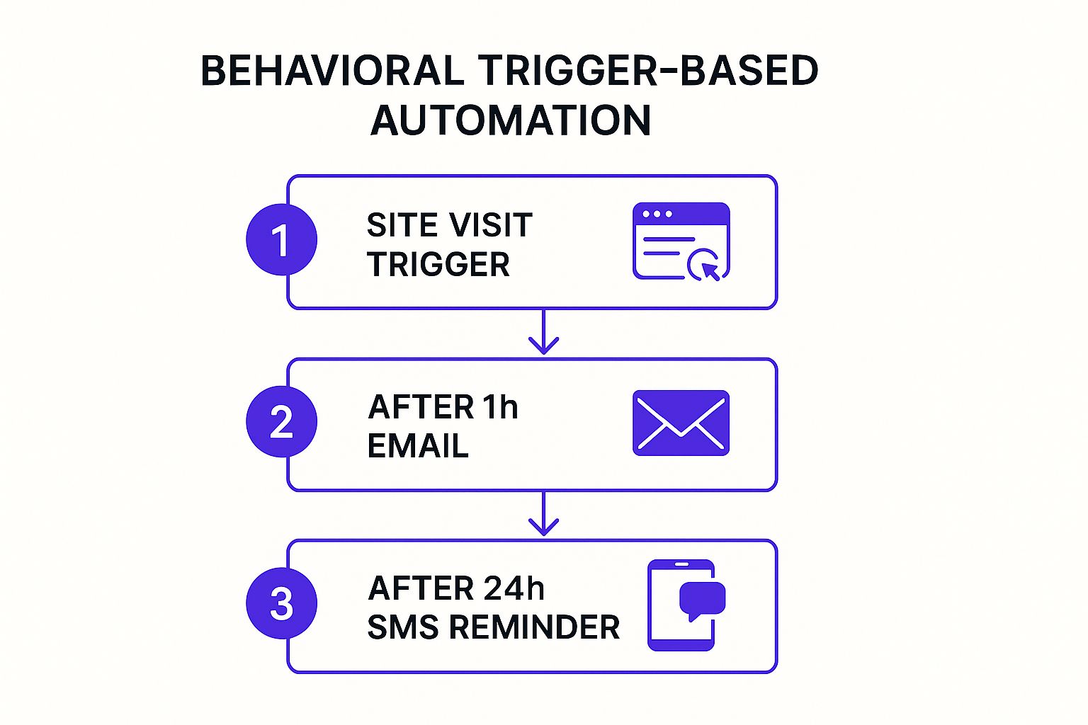 Process-flow infographic illustrating Behavioral Trigger-Based Automation with three sequential steps: 1) Site Visit Trigger, 2) After 1h Email, 3) After 24h SMS Reminder.