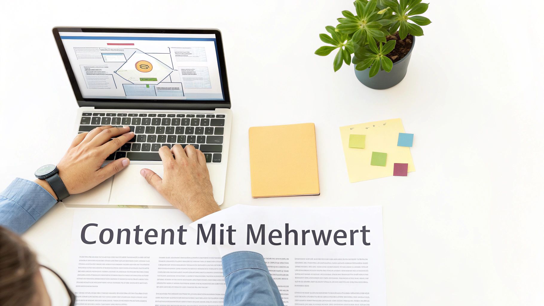 Eine Person tippt an einem Laptop, umgeben von Icons, die Content-Erstellung und SEO symbolisieren