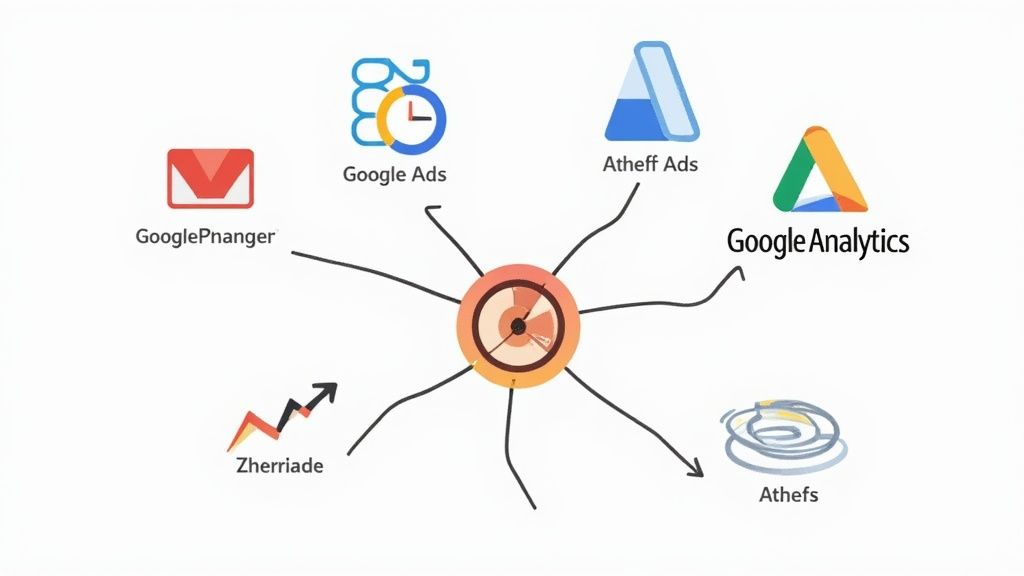 Eine Person arbeitet an einem Schreibtisch mit mehreren Bildschirmen, auf denen verschiedene Performance-Marketing-Dashboards und Analysetools zu sehen sind.