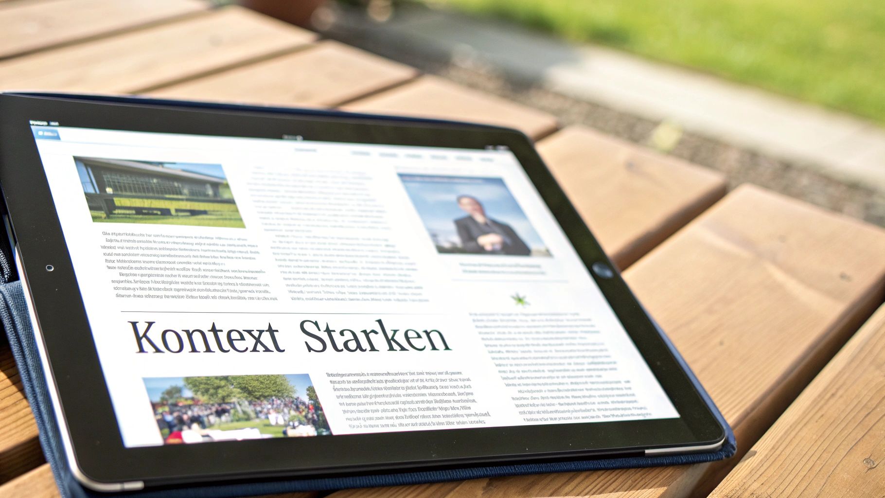 Eine Person platziert ein Bild sorgfältig in einem Textlayout auf einem Bildschirm