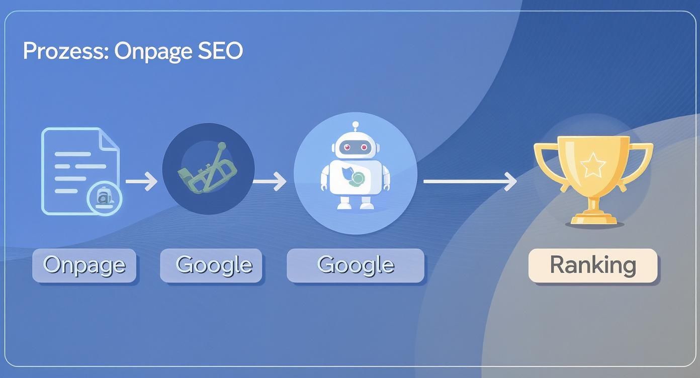 Infografik, die den Prozess der SEO Onpage Optimierung von der Webseite über Google bis zum Ranking darstellt