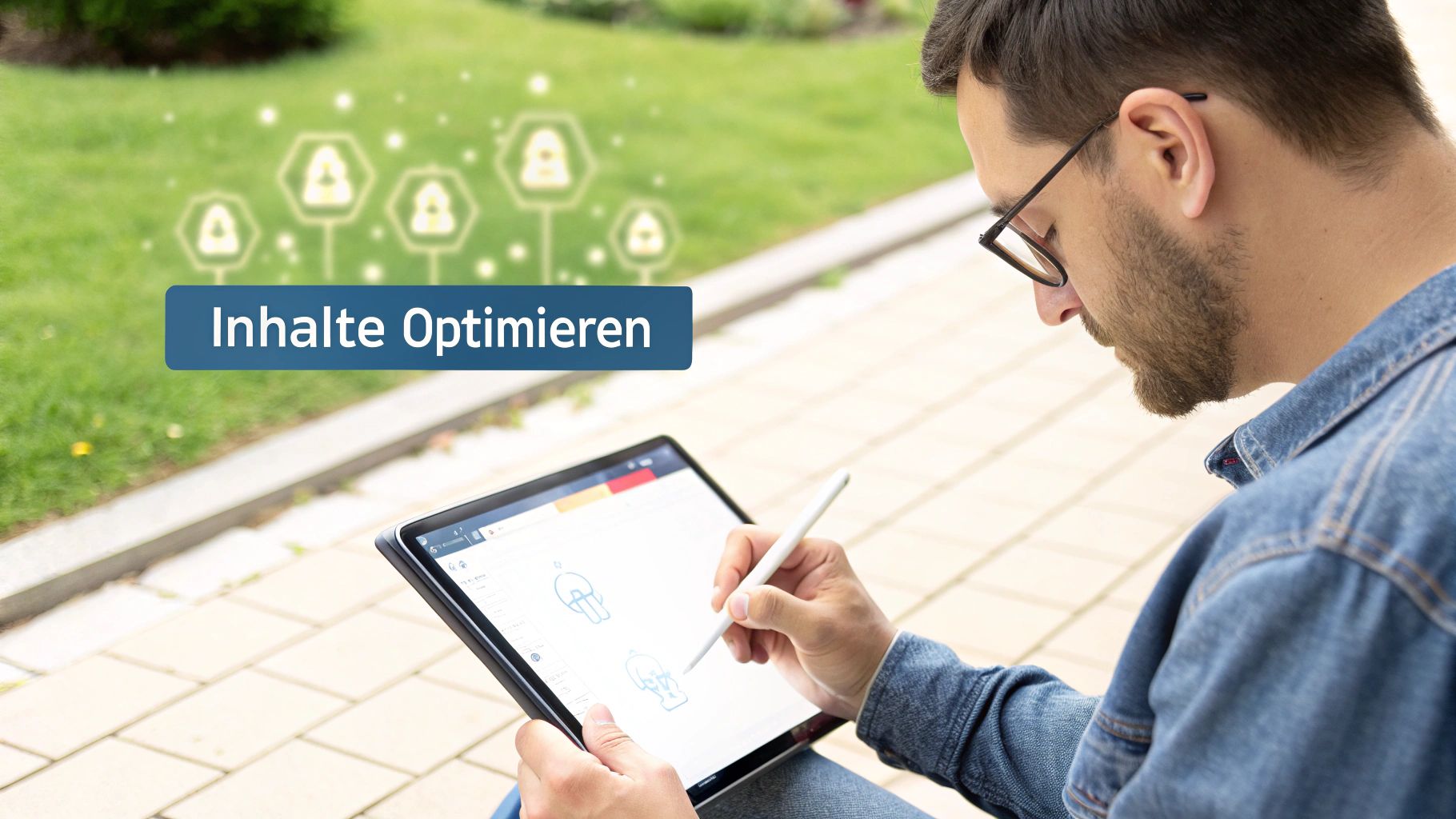 Eine Checkliste zur GEO-Optimierung wird auf einem Tablet angezeigt, umgeben von Notizen und einem Laptop.