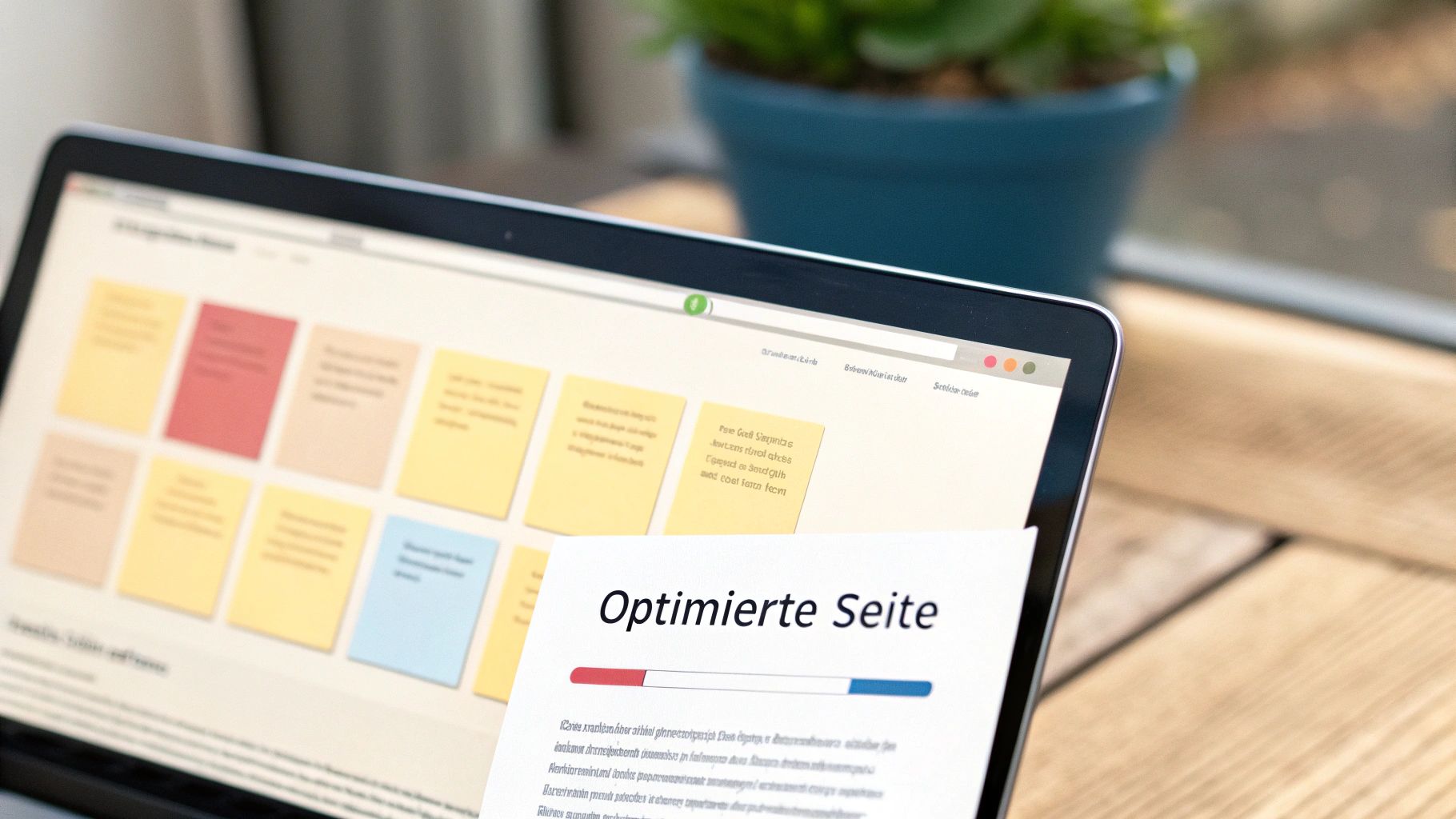 Illustration, die die verschiedenen SEO-Elemente einer Webseite wie Title-Tag, URL und Überschriften zeigt