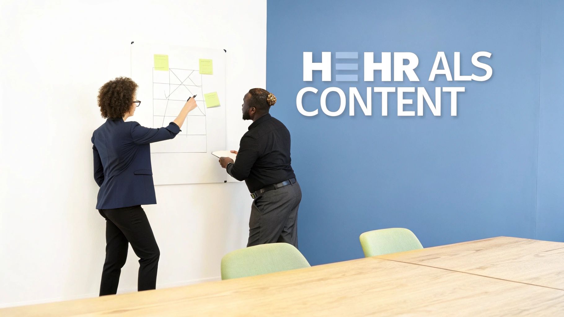 Ein Team plant eine Content-Marketing-Strategie an einem Whiteboard mit Haftnotizen und Diagrammen