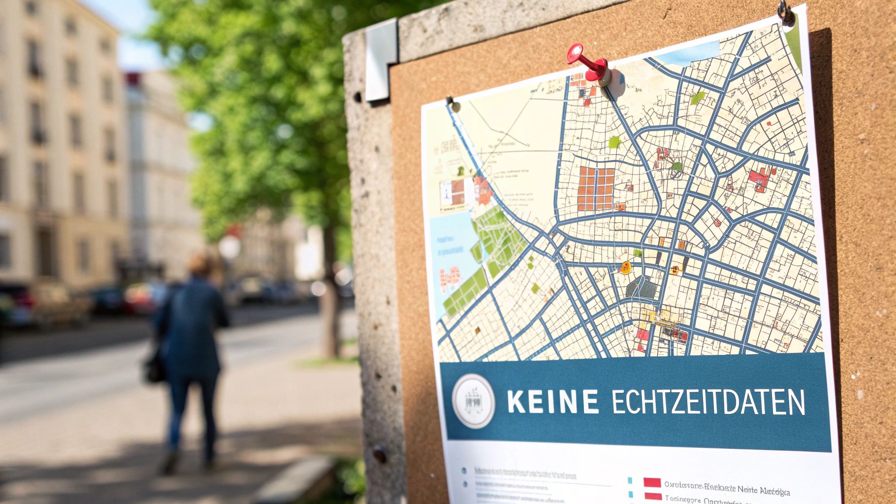 Ein Navigationsgerät zeigt eine veraltete Karte, während draußen der Verkehr im Stau steht.