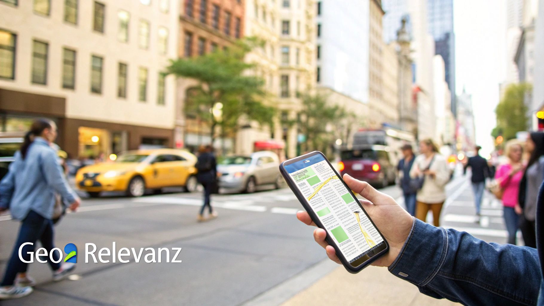 Ein Smartphone-Display zeigt eine interaktive Karte mit Pins, die lokale Unternehmen in einer belebten Straße markieren.